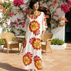 Frances Valentine Delightful Caftan Dress Size 2 Oyster Floral Embroidered